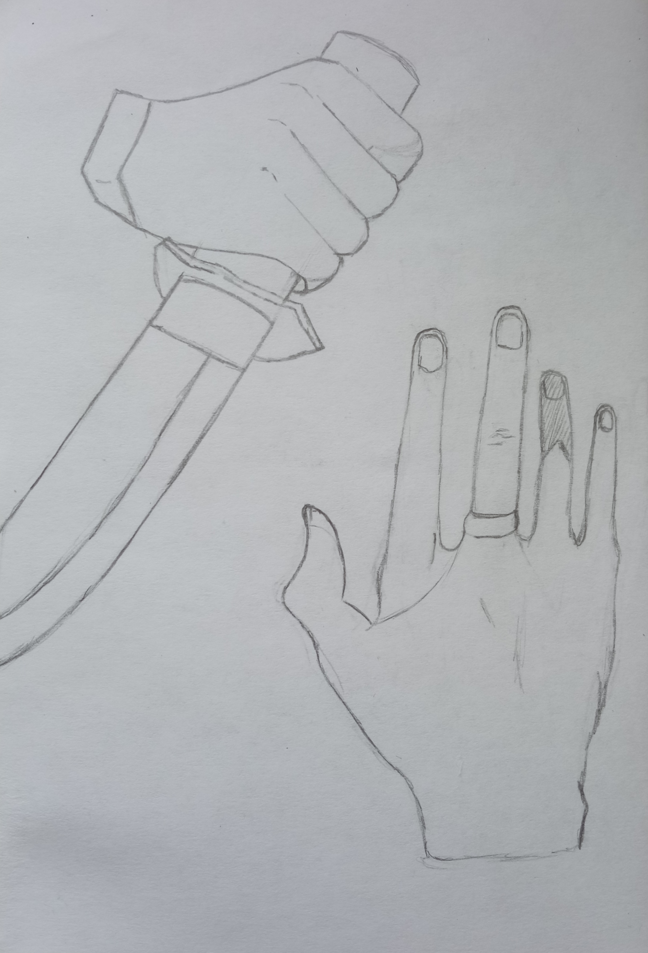 Hands, on of hand holds knife